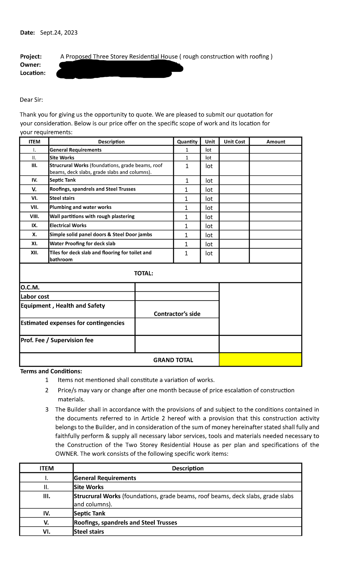 BOQ for Proposed 3-Storey Residential House Project - Studocu
