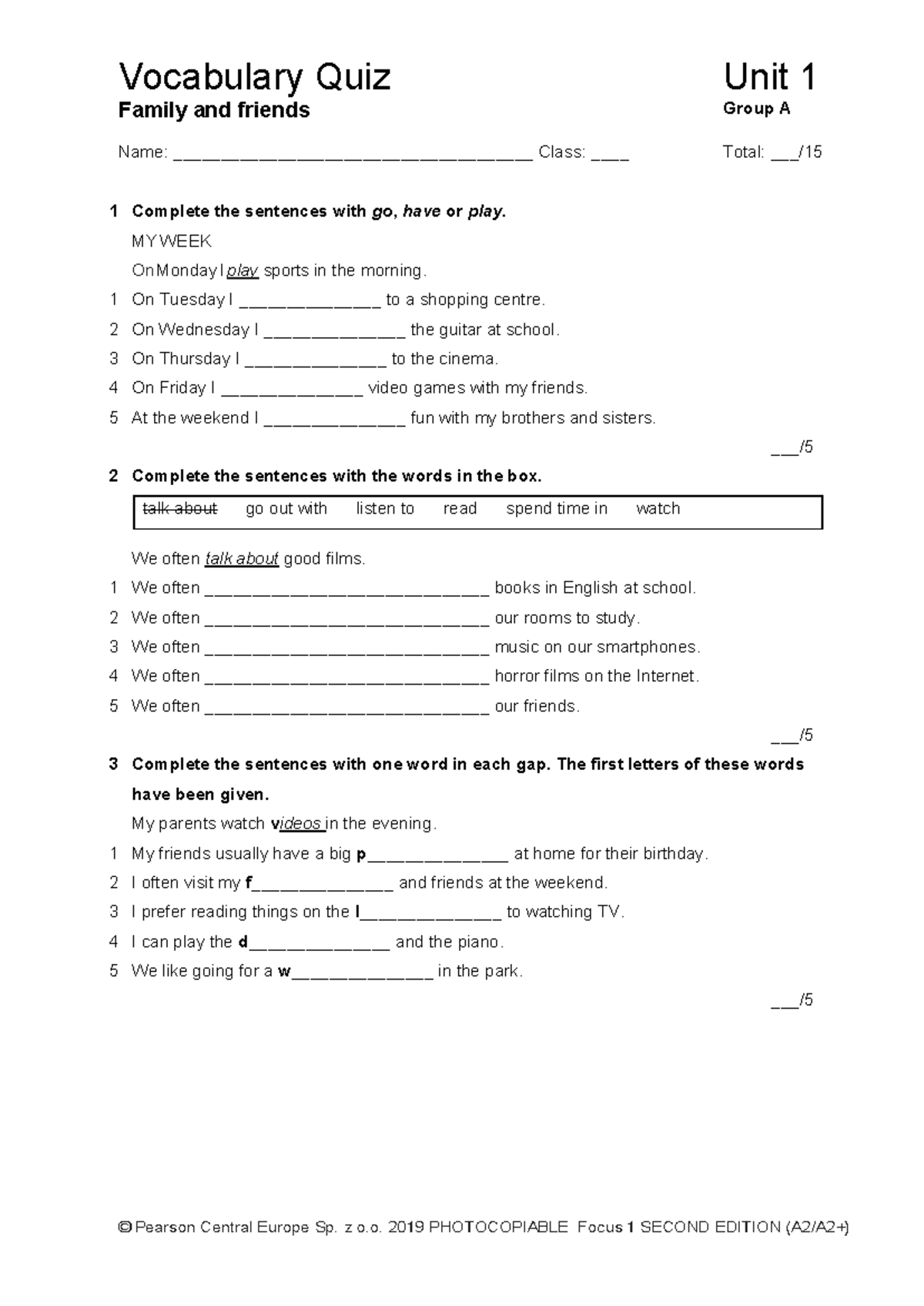 Focus 1 2E Vocabulary Quiz Unit 1 - Family & Friends Group A - Studocu