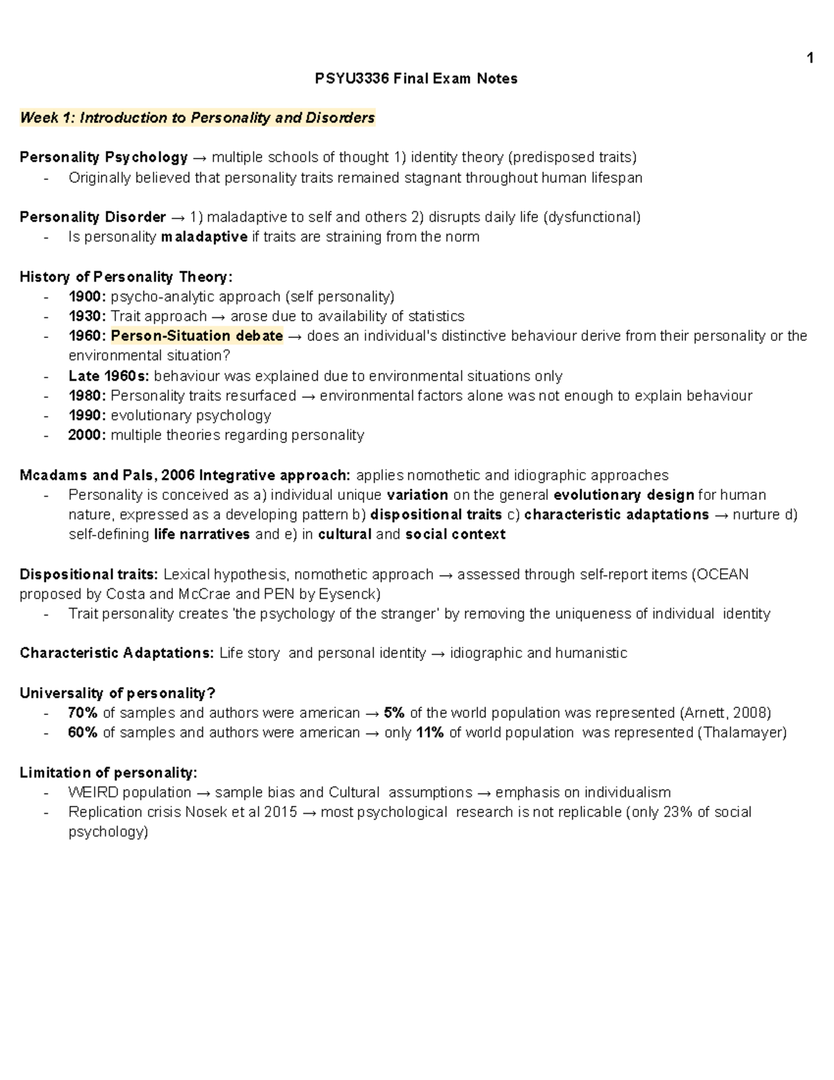 PSY 101 Final Exam Notes: Personality Theories & Disorders Overview ...