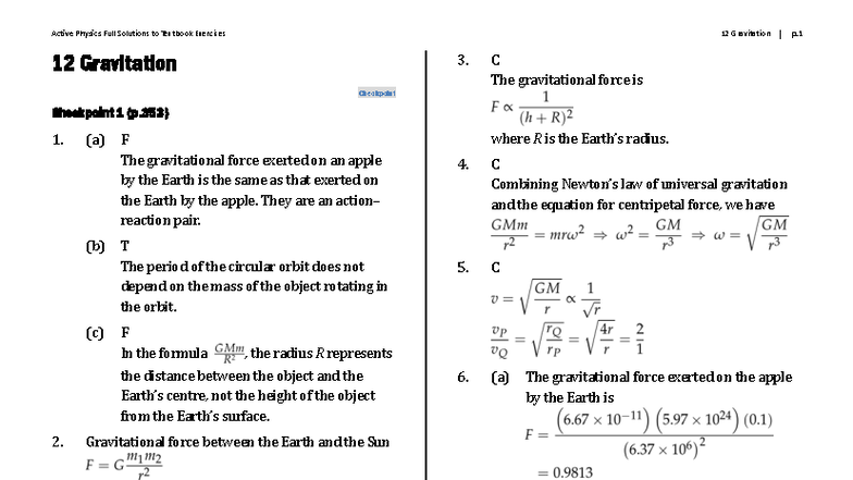 Active Physics 12 Exercise Solutions: Gravitation Full Solutions - Studocu