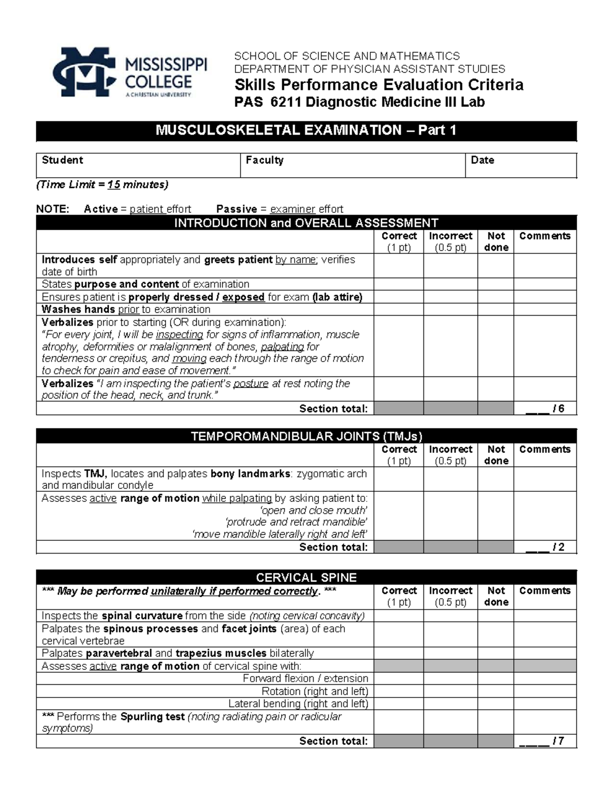 2025 DXM III Lab Checklist 1 - MSK Upper Extremity - SCHOOL OF SCIENCE ...