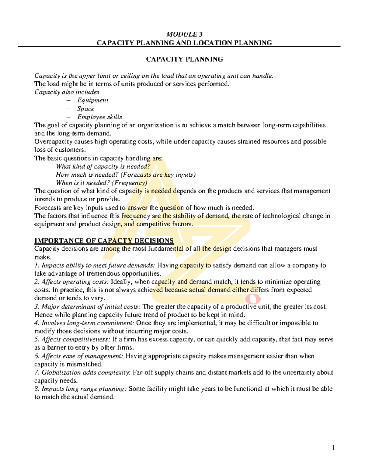 POM 301 - Capacity & Location Planning Notes for Module 3 - Studocu