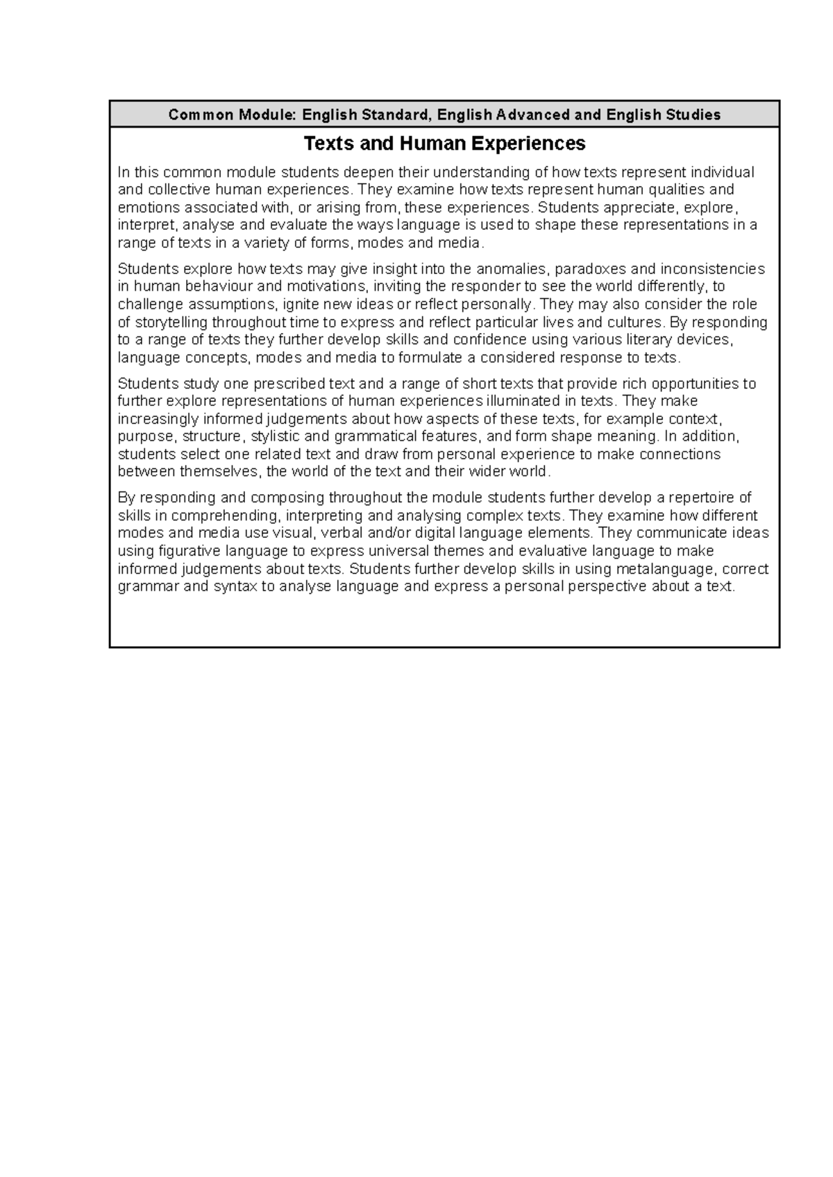 Common Module Rubric: English Standard & Advanced Texts Analysis - Studocu