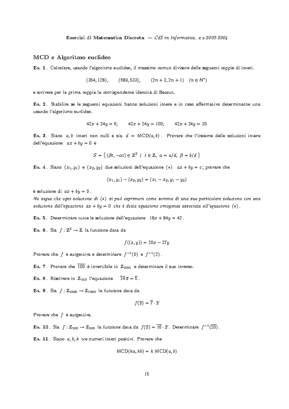 Esercizi di matematica discreta MCD e algoritmo di Euclide - Studocu