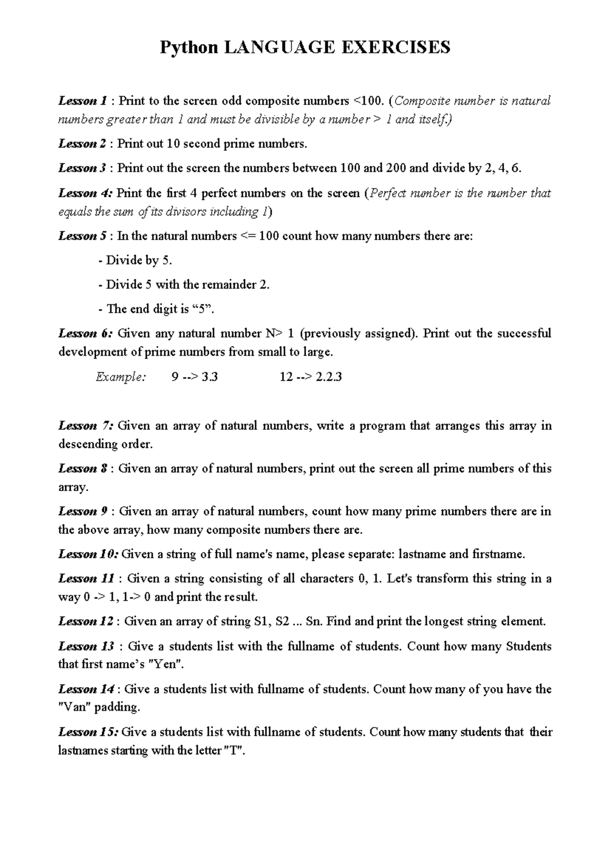 Python LANGUAGE EXERCISES (Course Code: 677ba4bf) - Lesson 1 to 15 ...