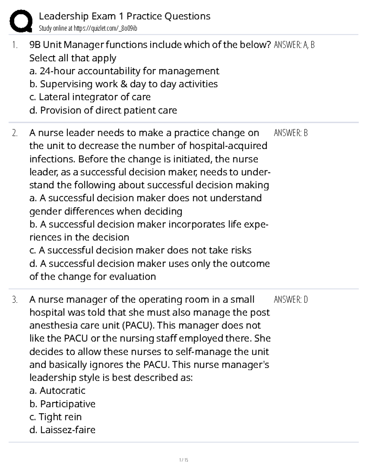 Leadership Exam 1 Practice Questions (Course Code: 2 - Quiz) - Studocu