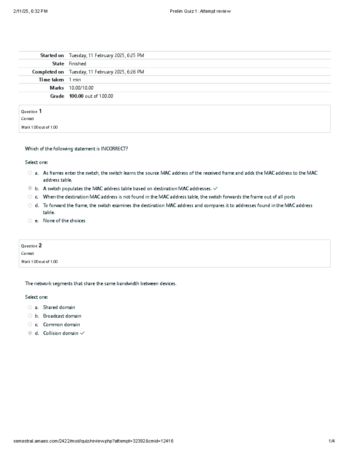 Prelim Quiz 1 Data Communications and Networking 2 - Started on Tuesday ...