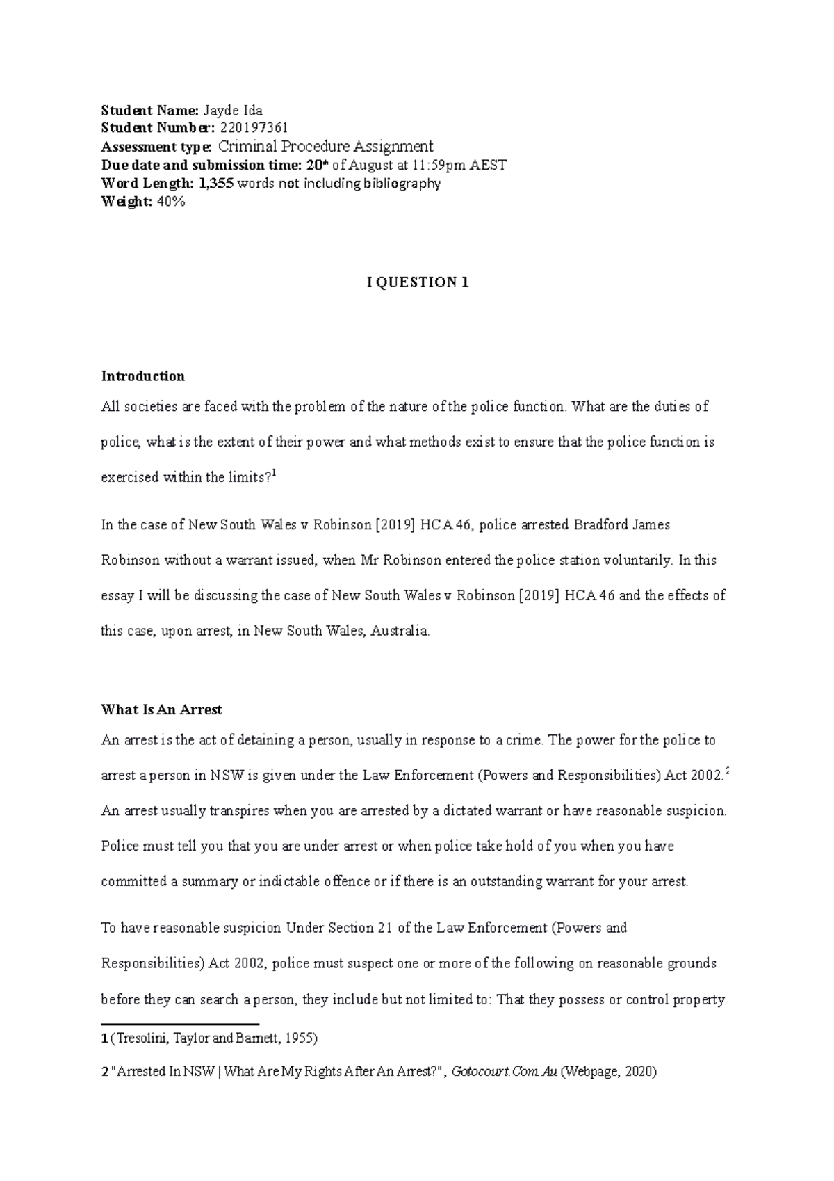 LSSU262 Criminal Procedure Assignment: Analyzing Arrest Laws and Cases ...