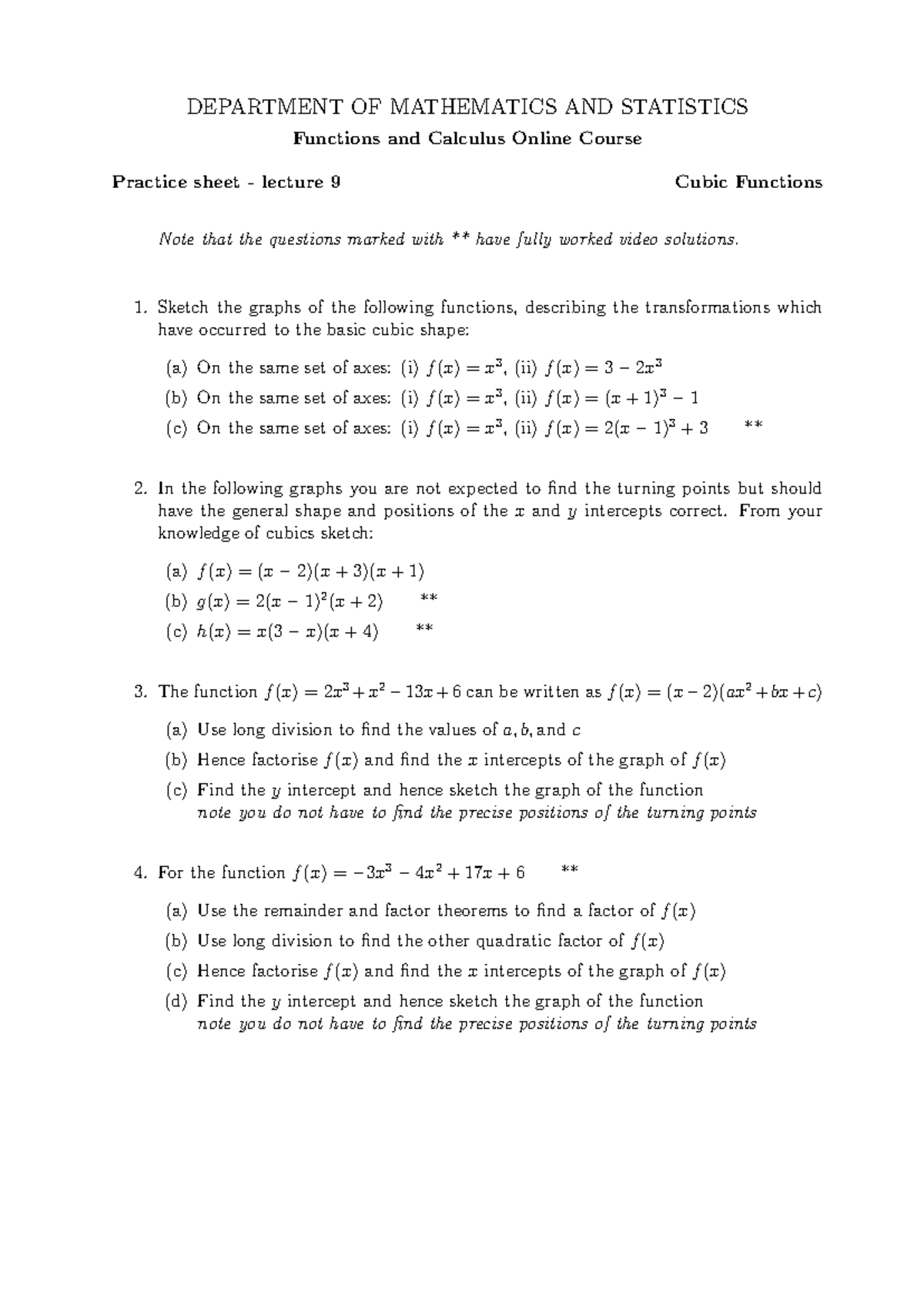 MAT 101: Lecture 9 Practice Sheet on Cubic Functions and Graphs - Studocu
