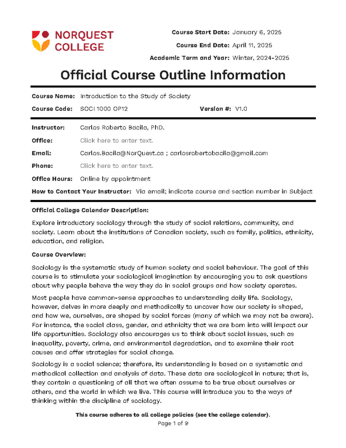 SOCI1000 Course Outline - Introduction to Sociology Winter 2025 - Studocu