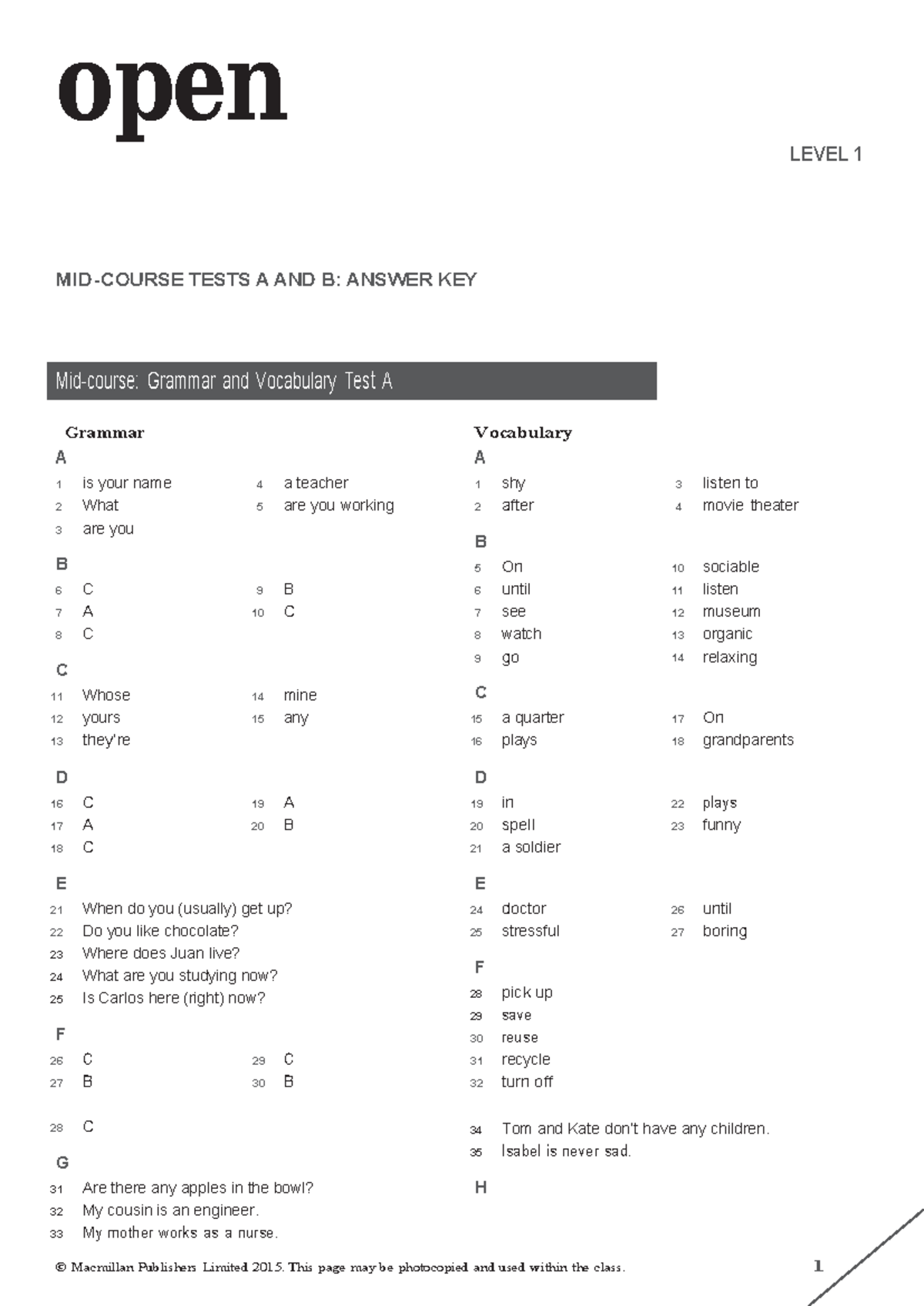 Open Mind 1 Mid-course test answer key - openMin d MID-COURSE TESTS A ...