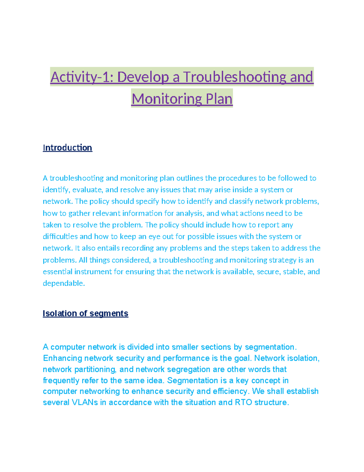 Assessment 2 Activity 1: Troubleshooting & Monitoring Plan Guide - Document Preview