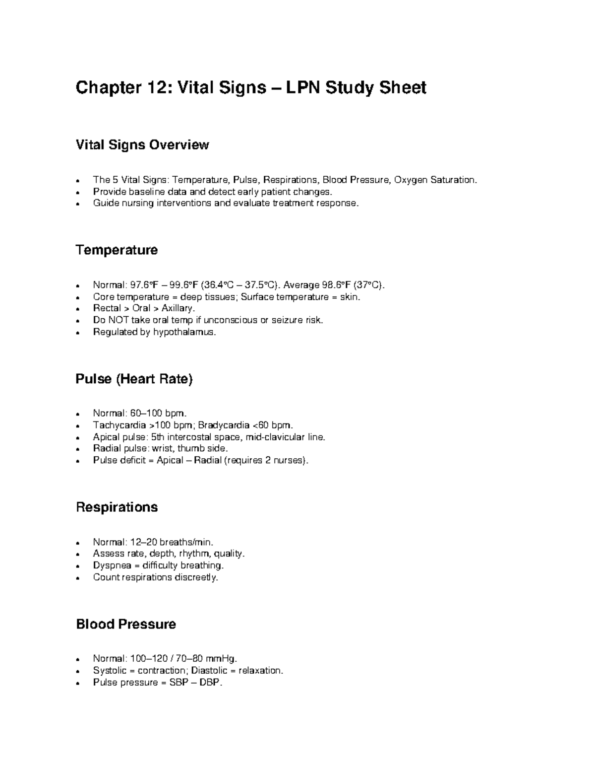 Chapter 12: Vital Signs Overview LPN Study Sheet - Studocu