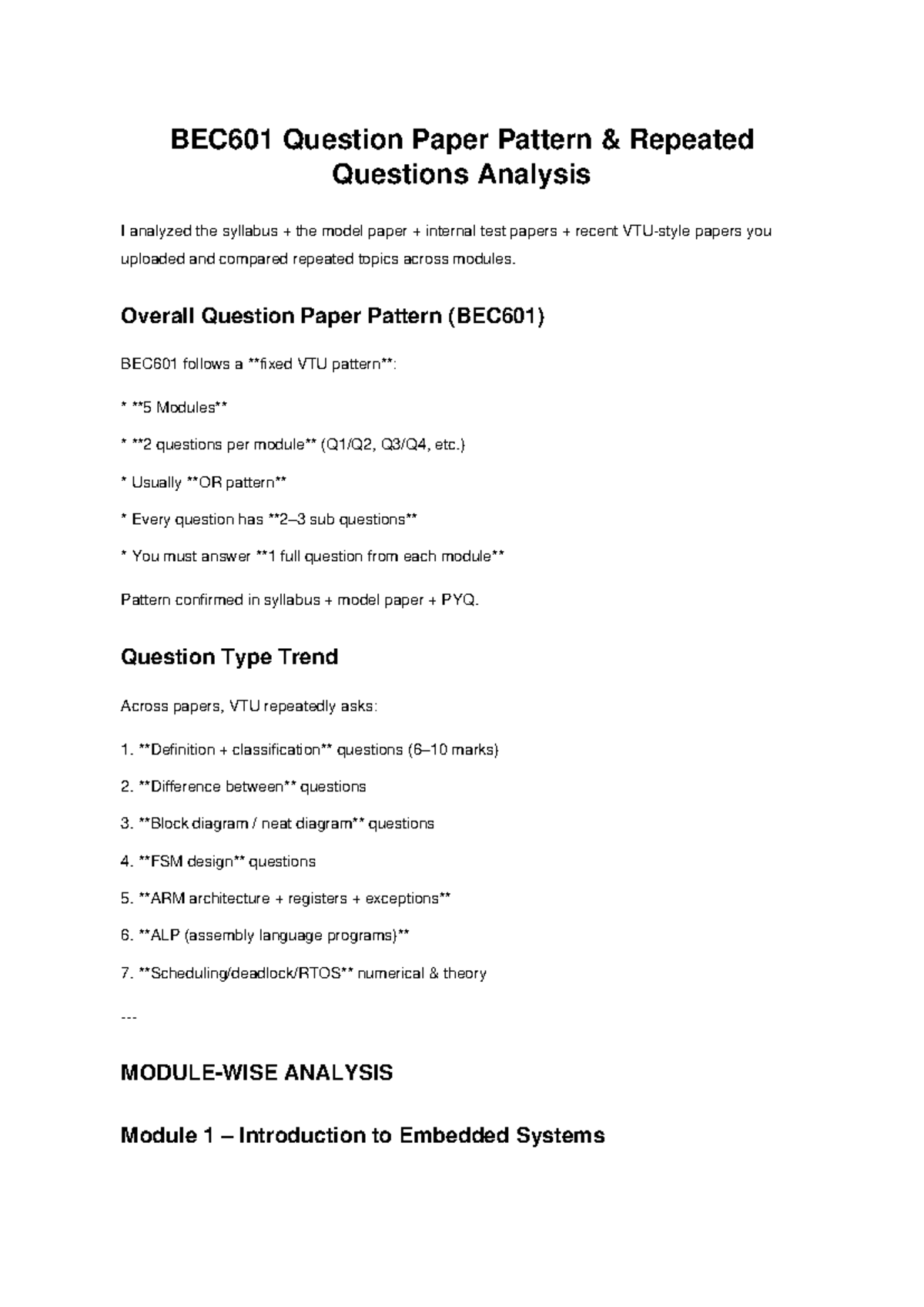 BEC601 Final Exam: Analysis of Repeated Questions and Patterns - Studocu