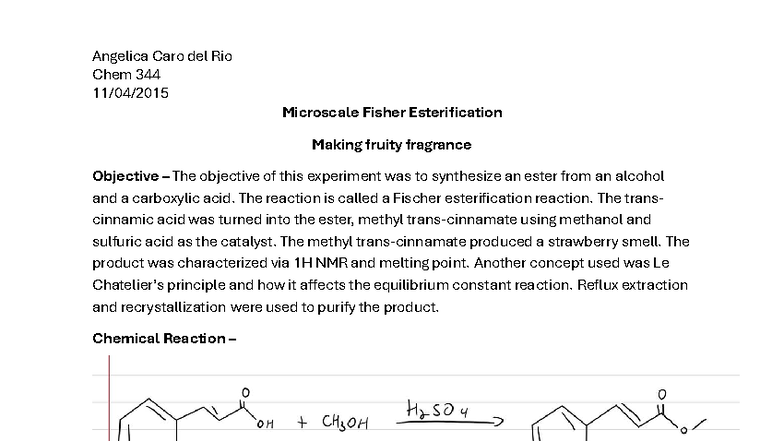 Chem 344 Lab Report: Fischer Esterification of Transcinnamic Acid - Studocu