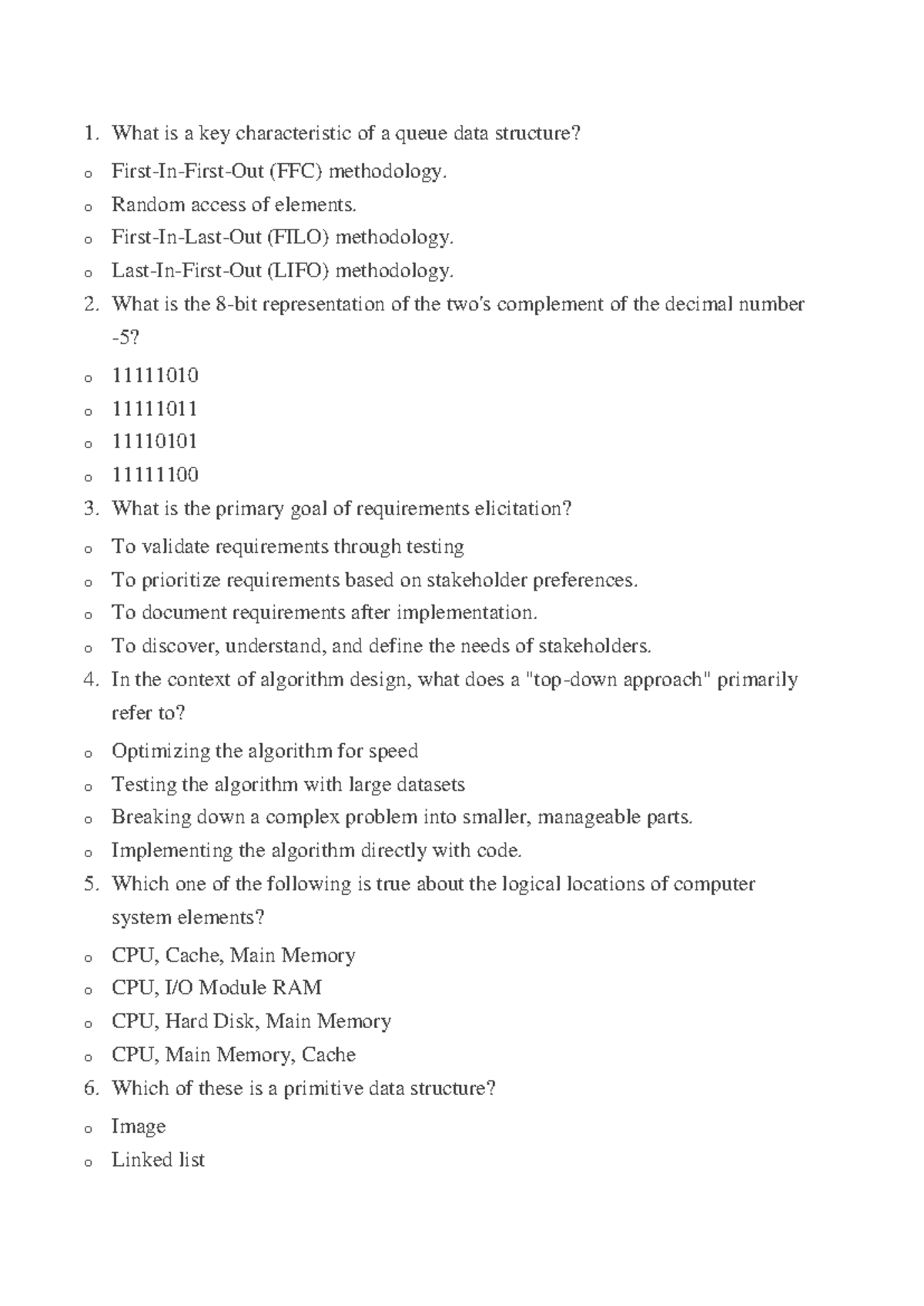100 (FFC) Comprehensive Exit Questions for Computer Science Concepts ...