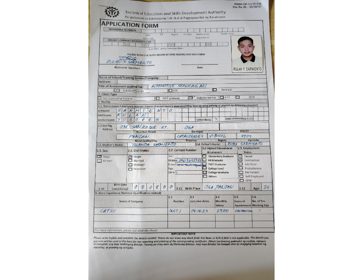 Rulan Sarmiento- Automotive Servicing NC1 - Rev. Technical Education ...