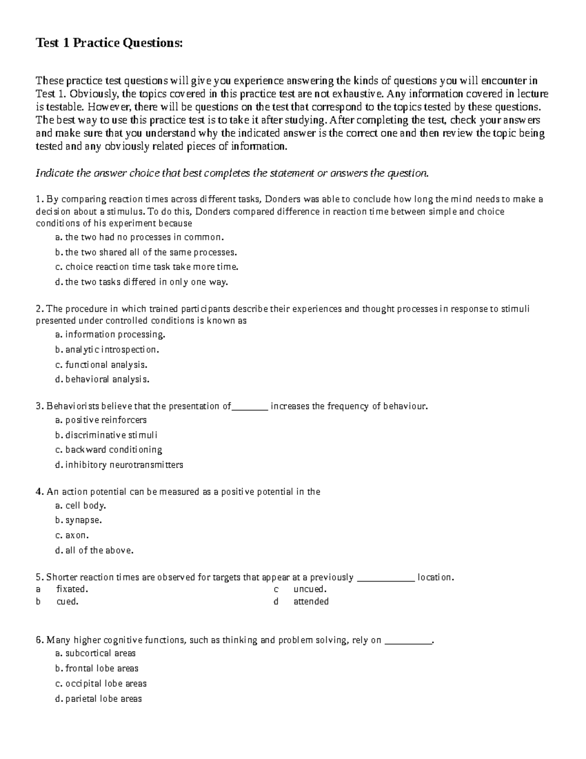 Cognitive Psychology 101: Test 1 Practice Questions - Studocu