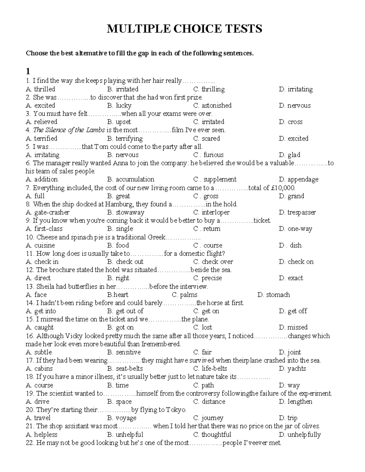 Multiple Choice Tests - Lexical & Grammar - 1-3 - Studocu