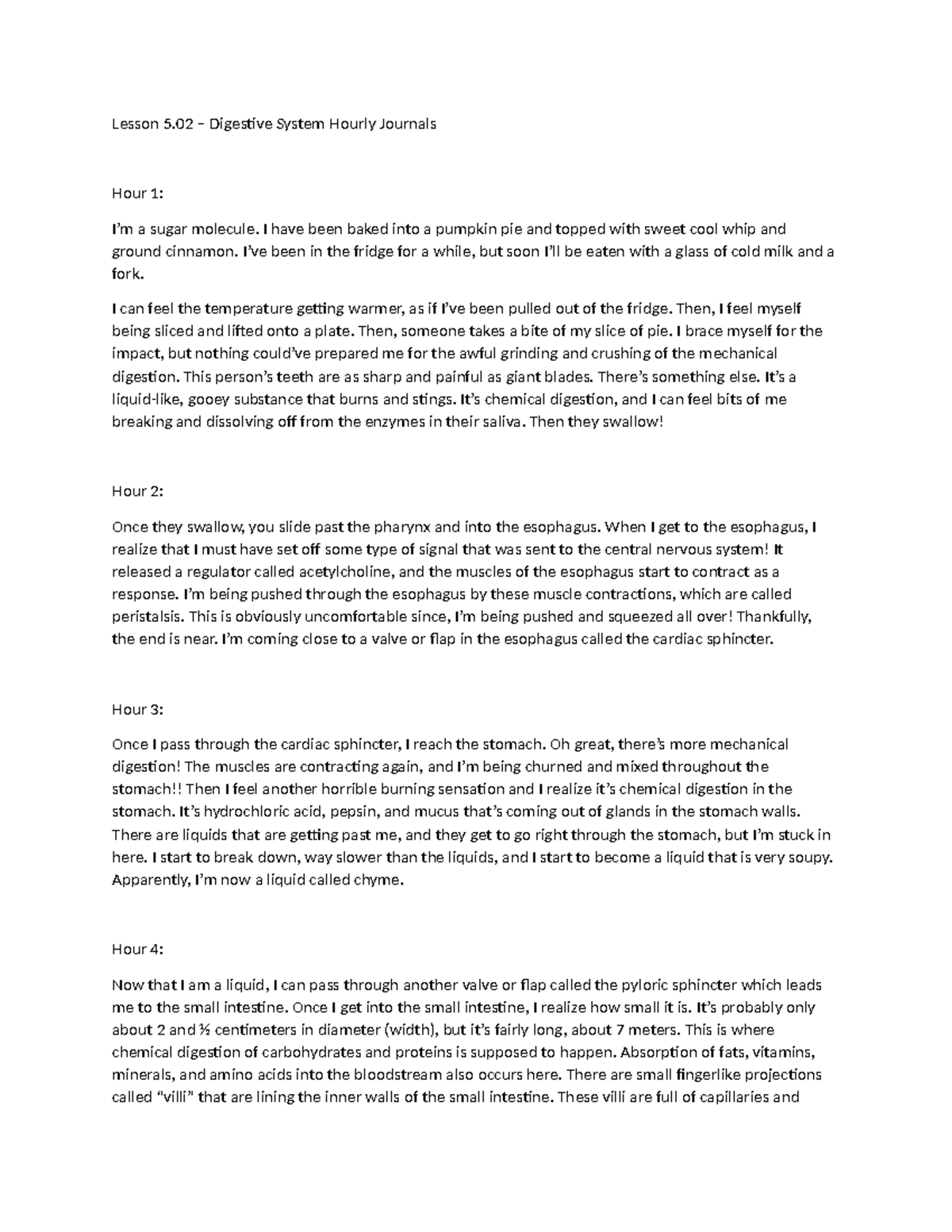 Lesson 5.02 Digestive System: Hourly Journals of a Sugar Molecule - Studocu