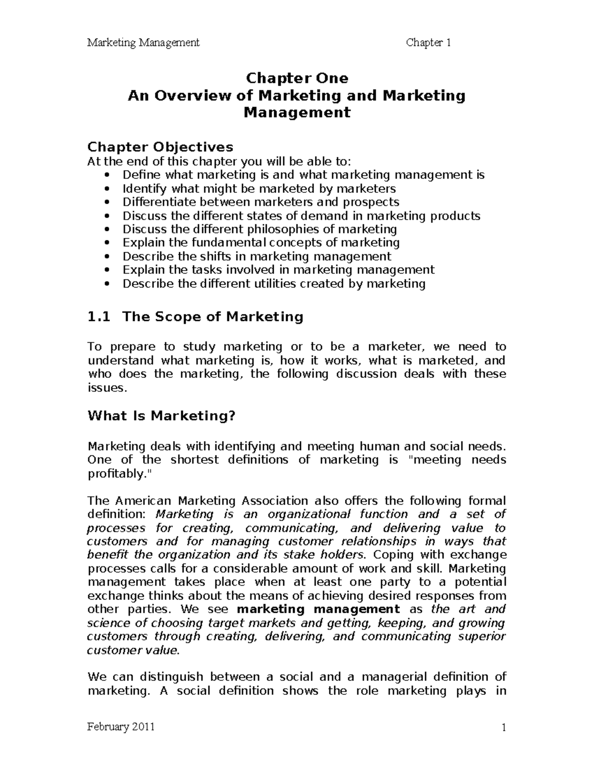 Marketing Overview and Management Insights - MKT 101 Chapter 1 - Studocu