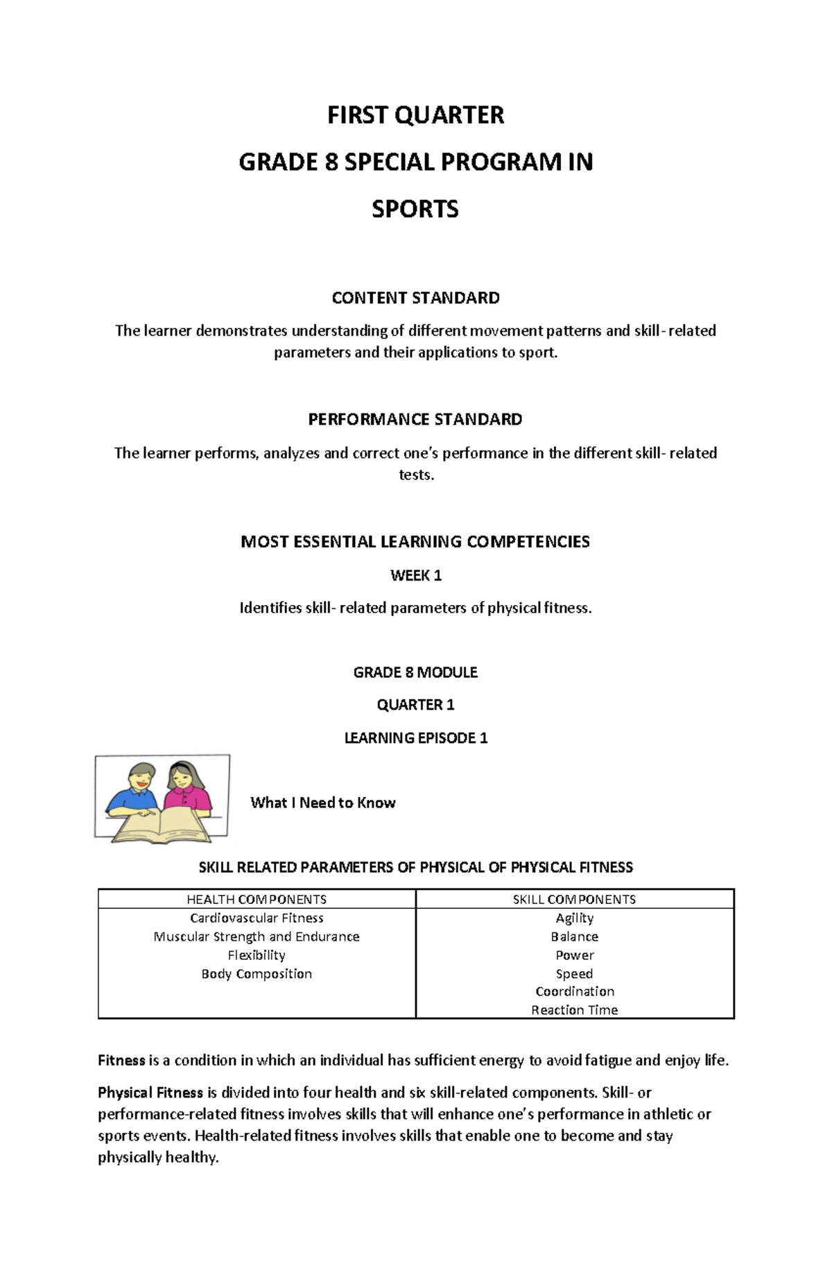 SPS G8 Q1 Week 1 Activity: Skill-Related Fitness Components - Studocu
