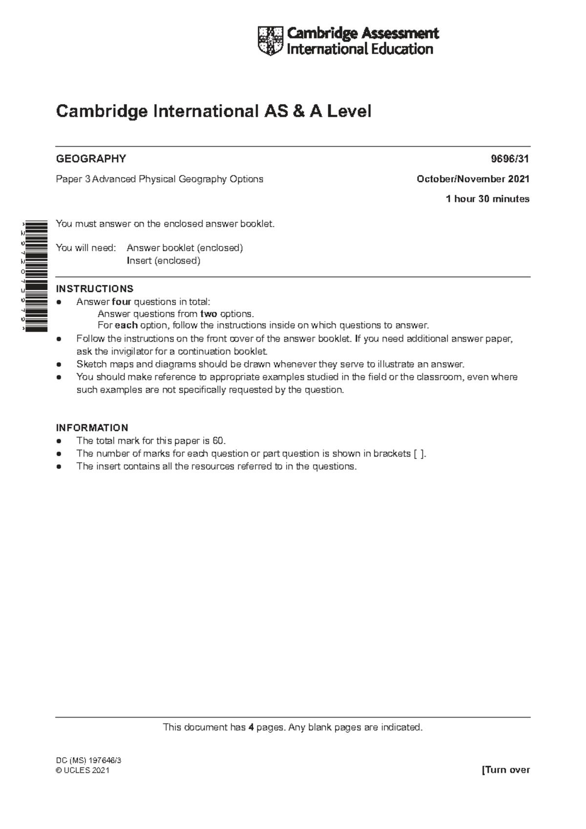 Cambridge International AS A Level Geography 9696 W21 Paper 3 Exam ...