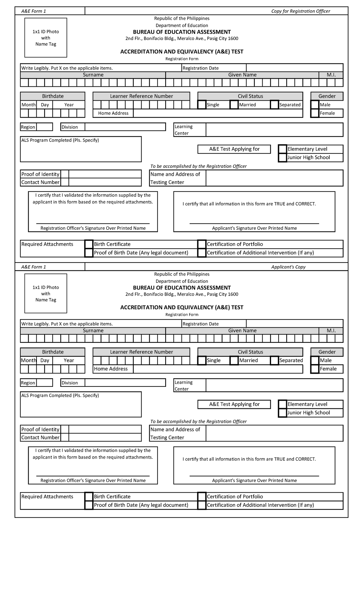 AE Test Registration Form - A&E Form 1 Copy for Applicants - Studocu