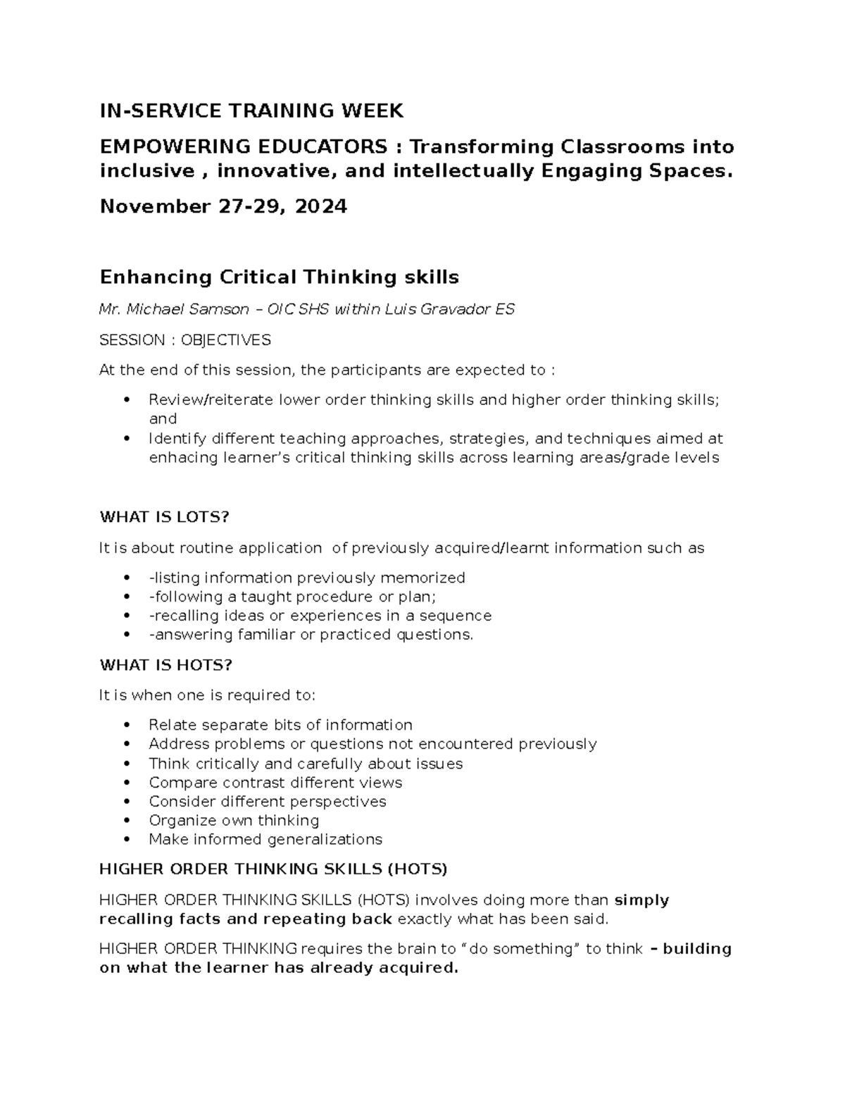 IN - LECTURE: Empowering Educators for Critical Thinking Skills - Studocu