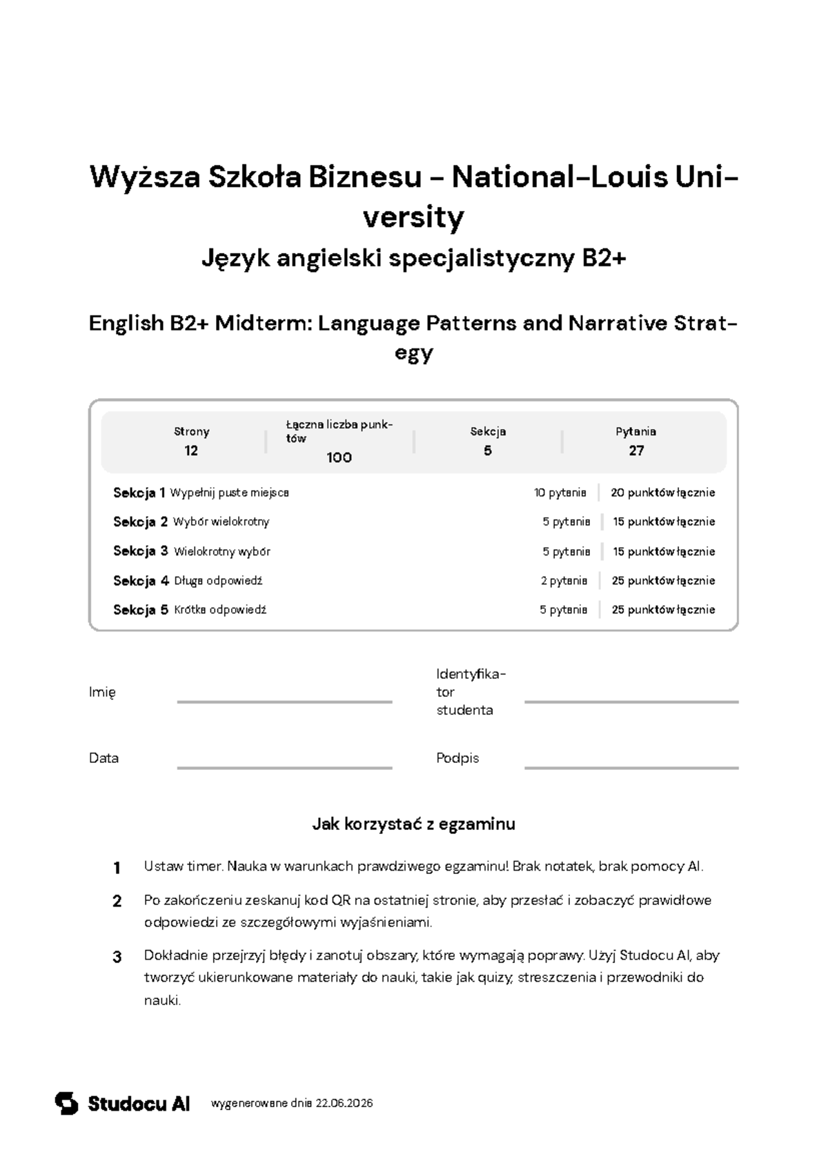 English B2+ Midterm: Language Patterns & Narrative Strategy - Studocu