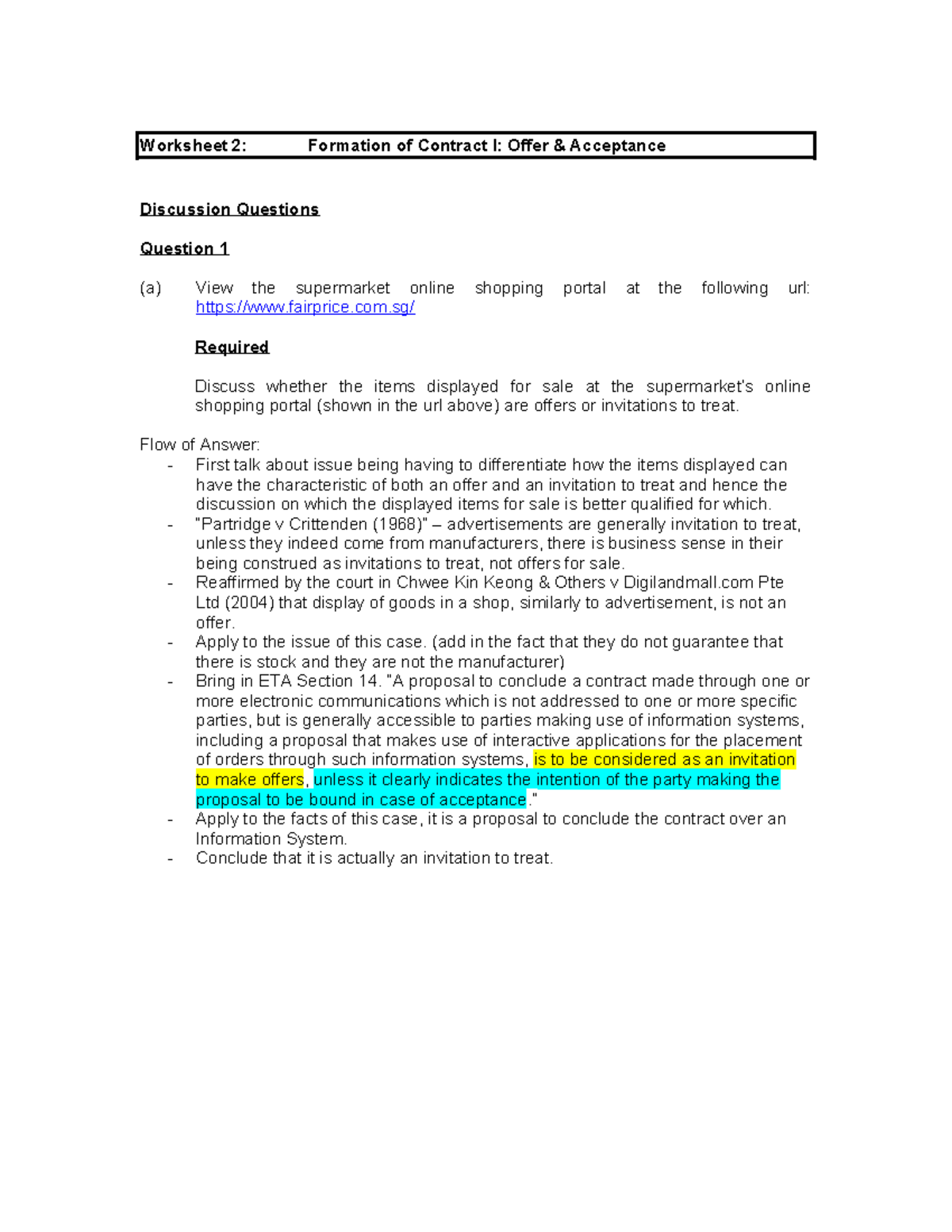 Worksheet 2 Edited - nil - Worksheet 2: Formation of Contract I: Offer ...