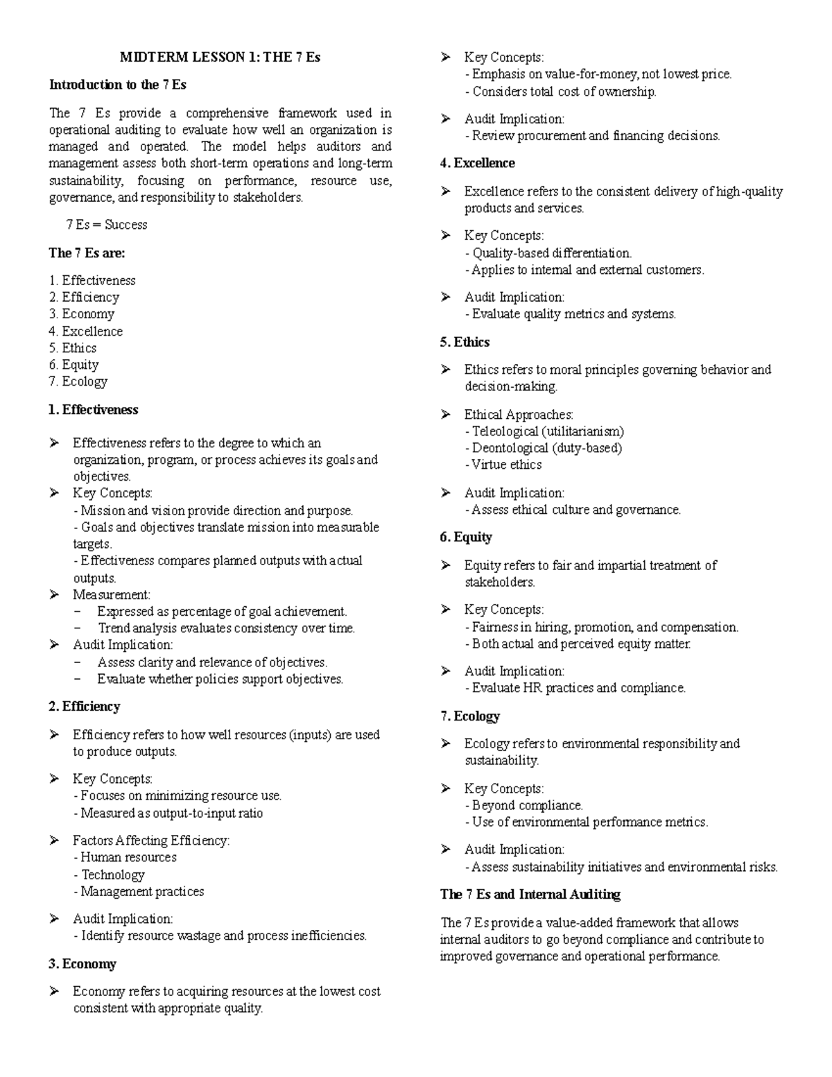 MIDTERM REVIEW: OPERATIONS AUDIT & THE 7 Es Framework - Studocu