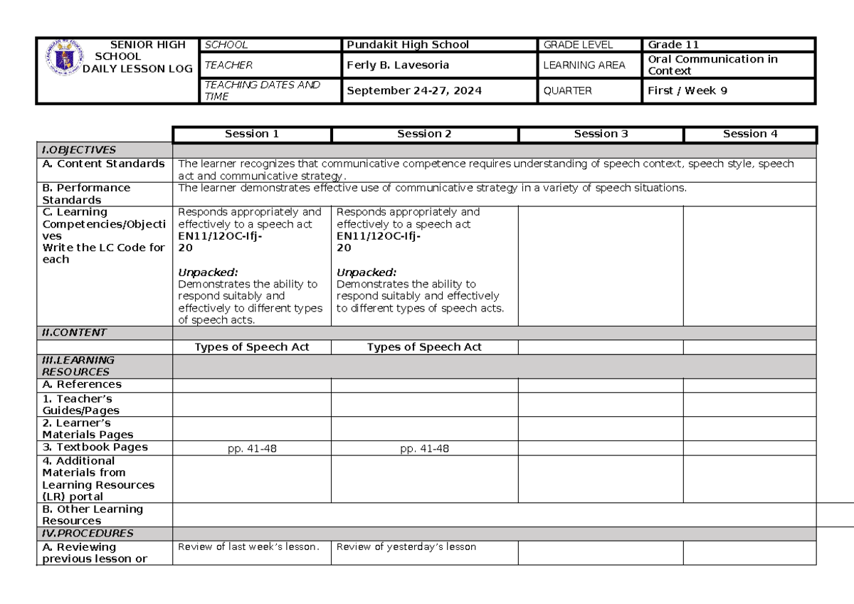 Oral Communication DLL Week 9 - Senior High Lesson Plan (Grade 11 ...