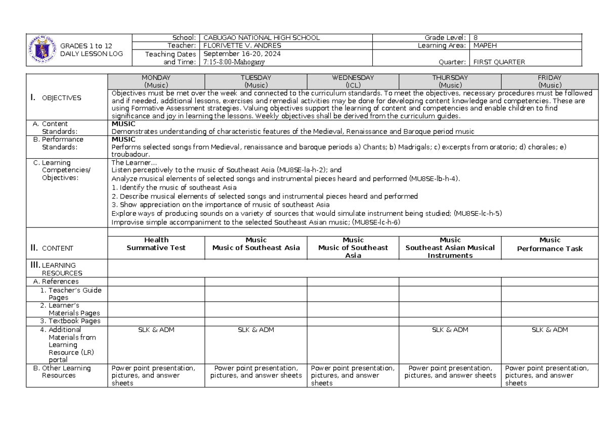 DLL Quarter 1 Mapeh 8 Music WEEK 8-1 - GRADES 1 to 12 DAILY LESSON LOG ...