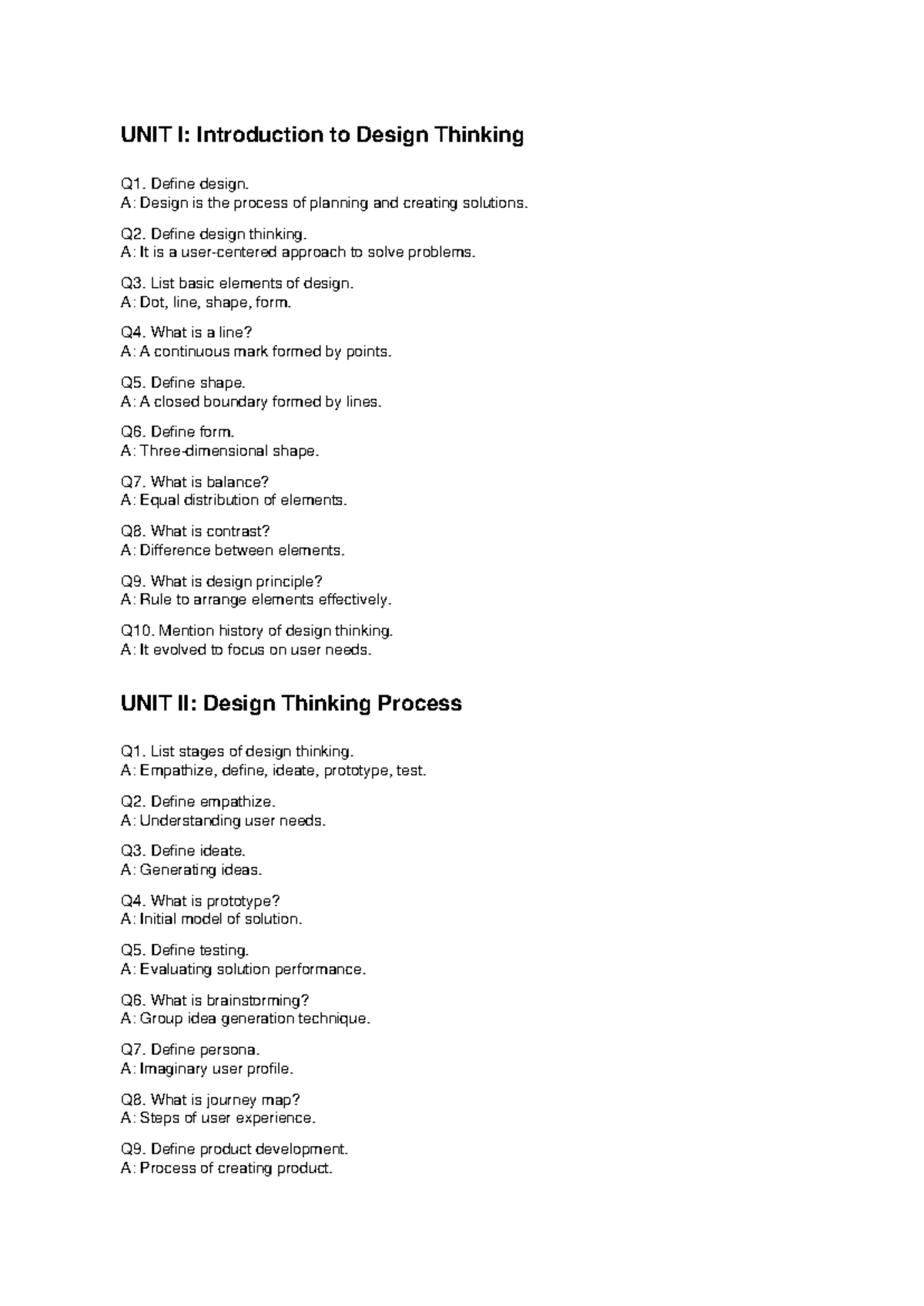 JNTU Design Thinking: Key Concepts & Processes (2 Marks) - Studocu