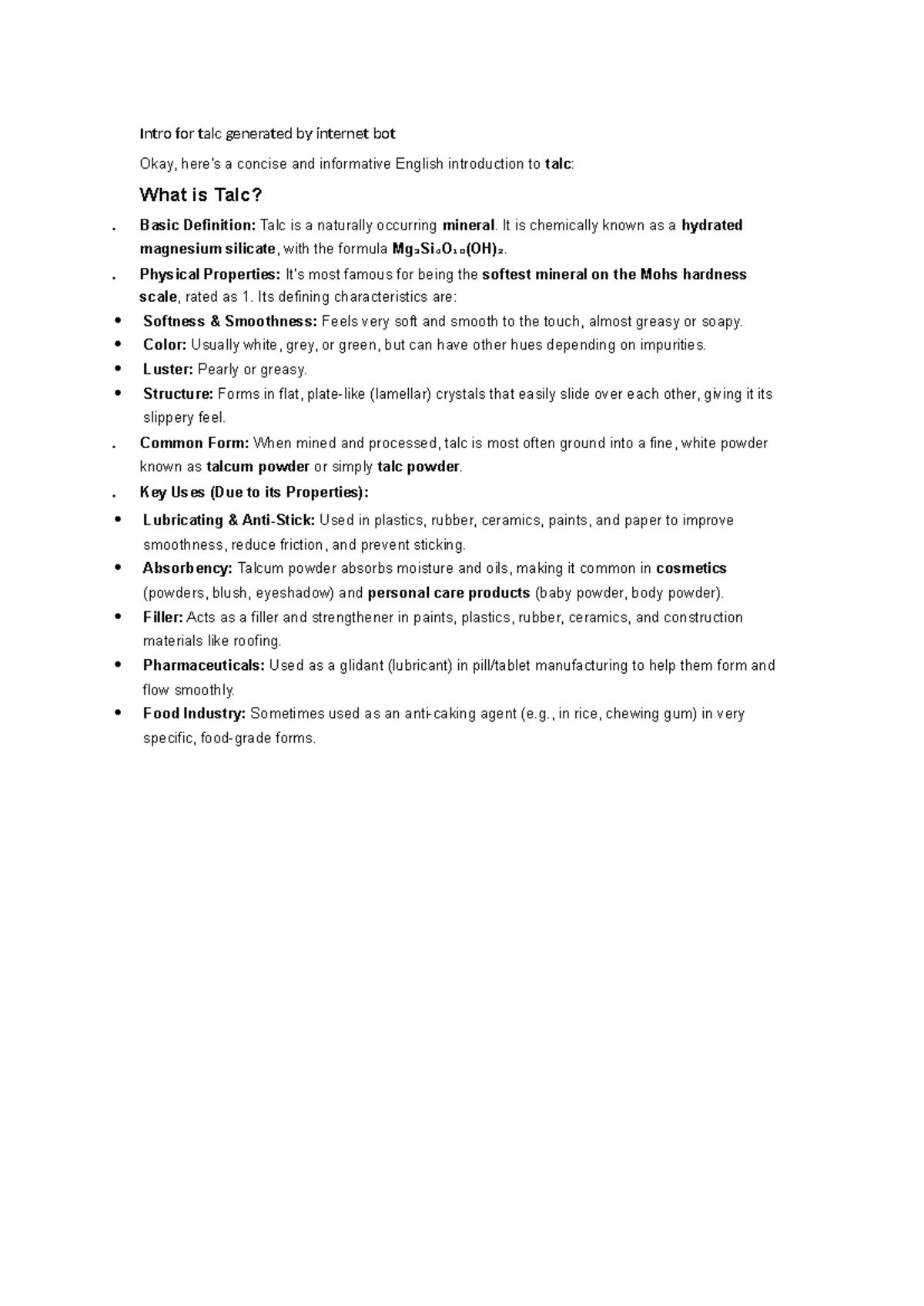Intro to Talc: Properties, Uses, and Applications in Industry - Studocu