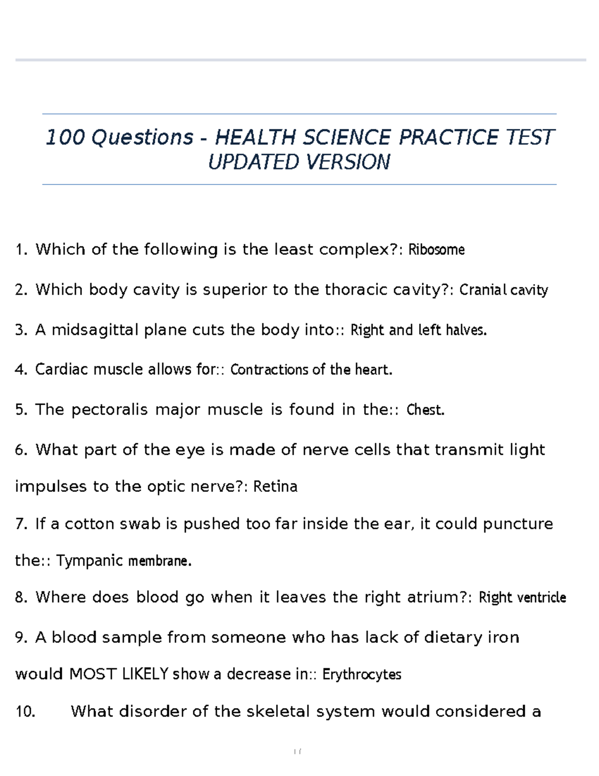HEALTH SCIENCE PRACTICE TEST (UPDATED) - 100 Questions - Studocu