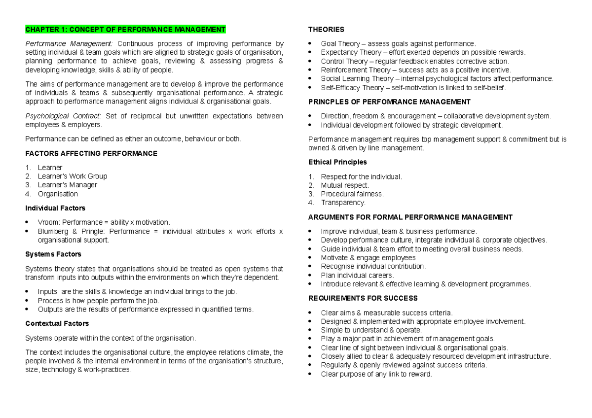 Performance Management Systems & Theories: Detailed Notes - Studocu