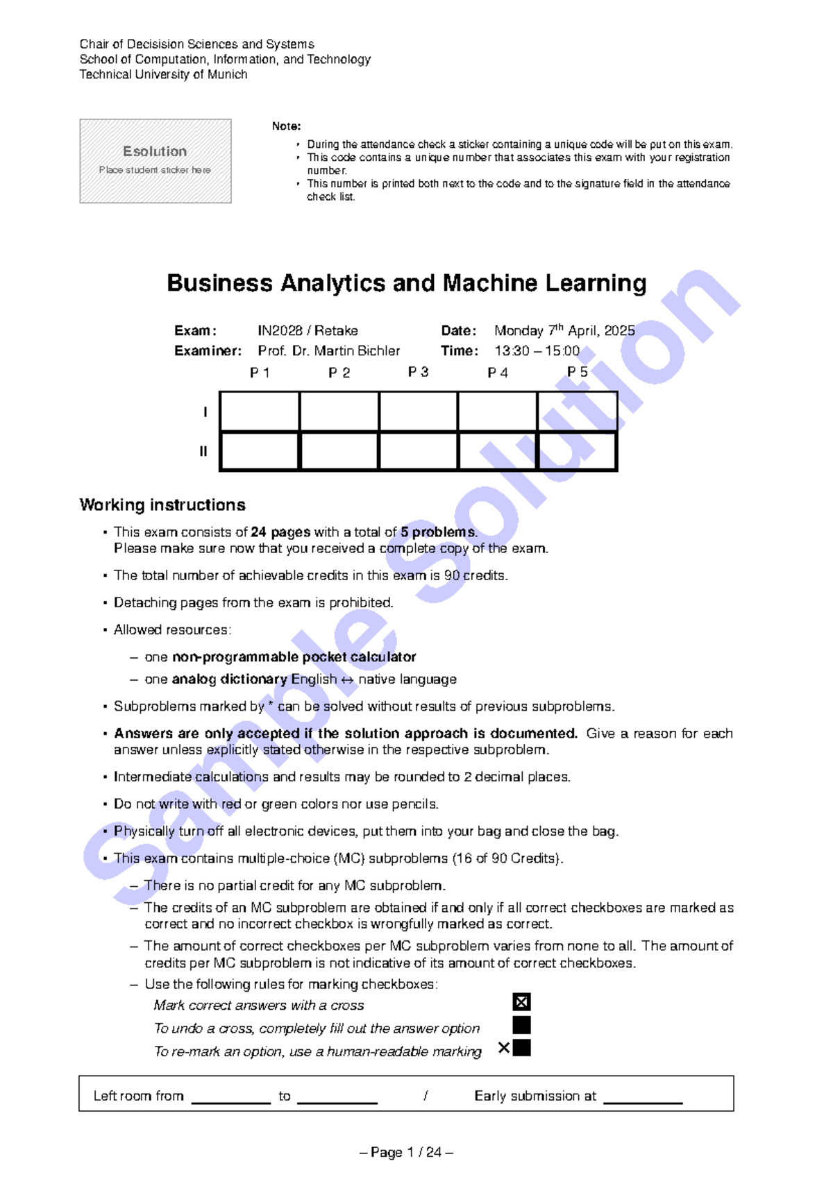 BAML IN2028 Retake Exam Sample Solutions and Instructions - Studocu