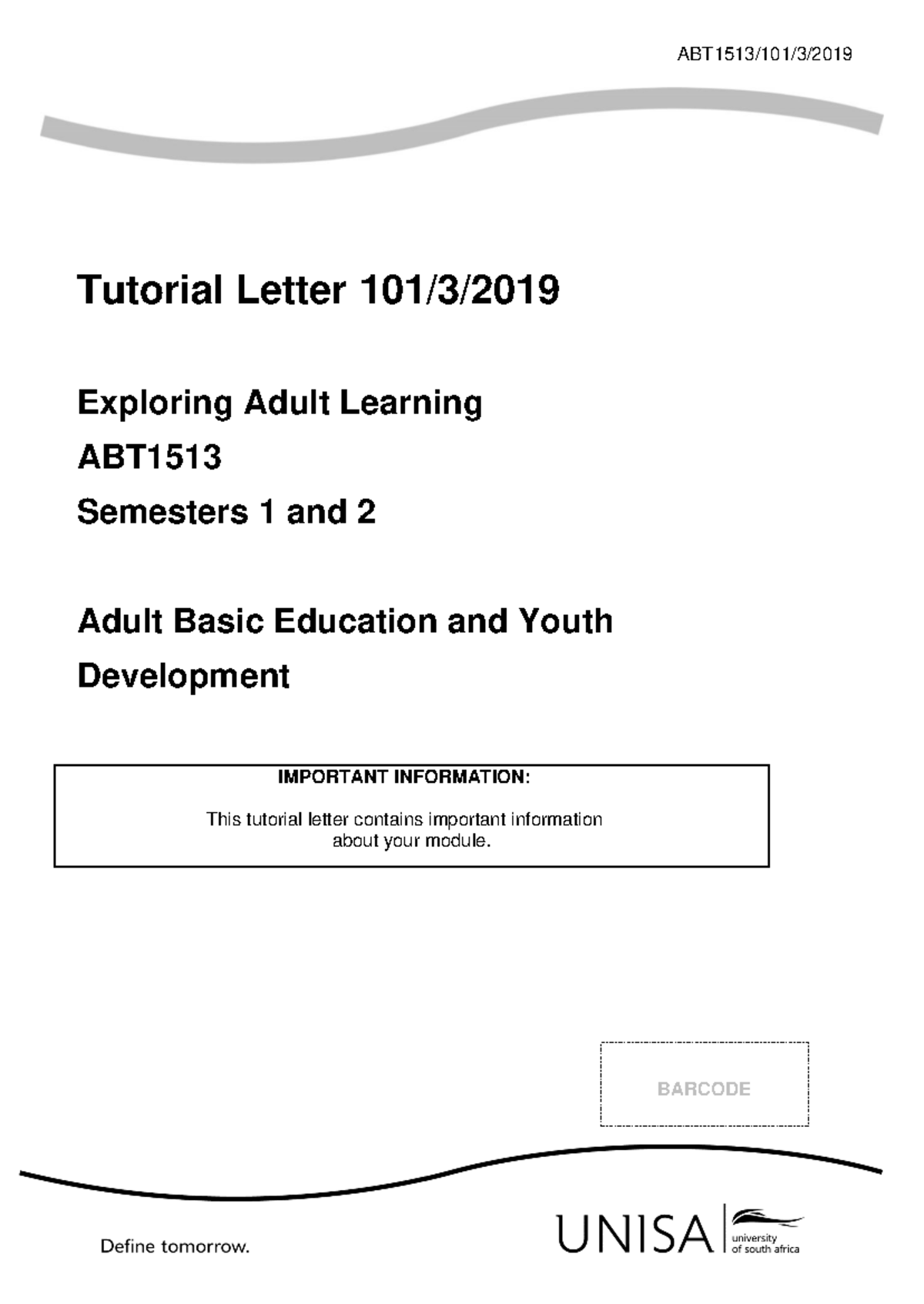 ABT1513 Tutorial Letter: Exploring Adult Learning for Semesters 1 & 2 ...
