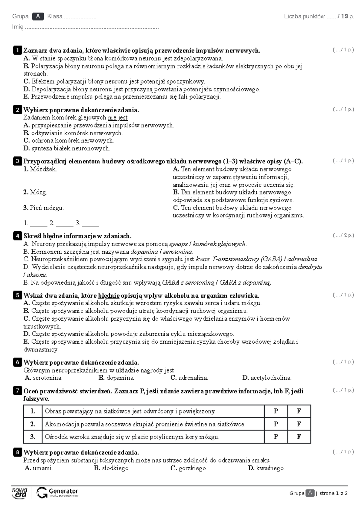 Narządy Zmysłów Sprawdzian Klasa 8 www.studocu.com