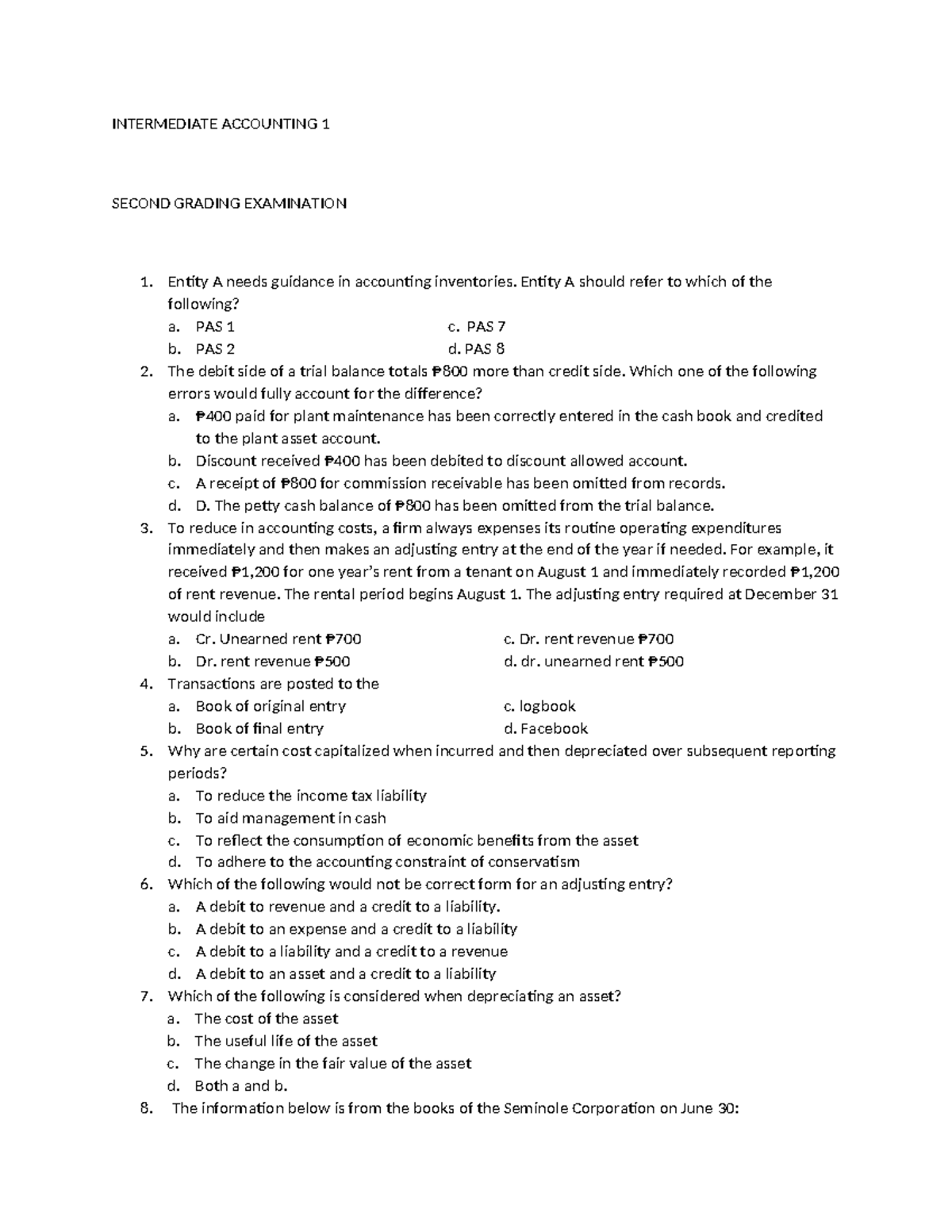 INTERMEDIATE ACCOUNTING 1 SECOND GRADING EXAMINATION REVIEW - Studocu