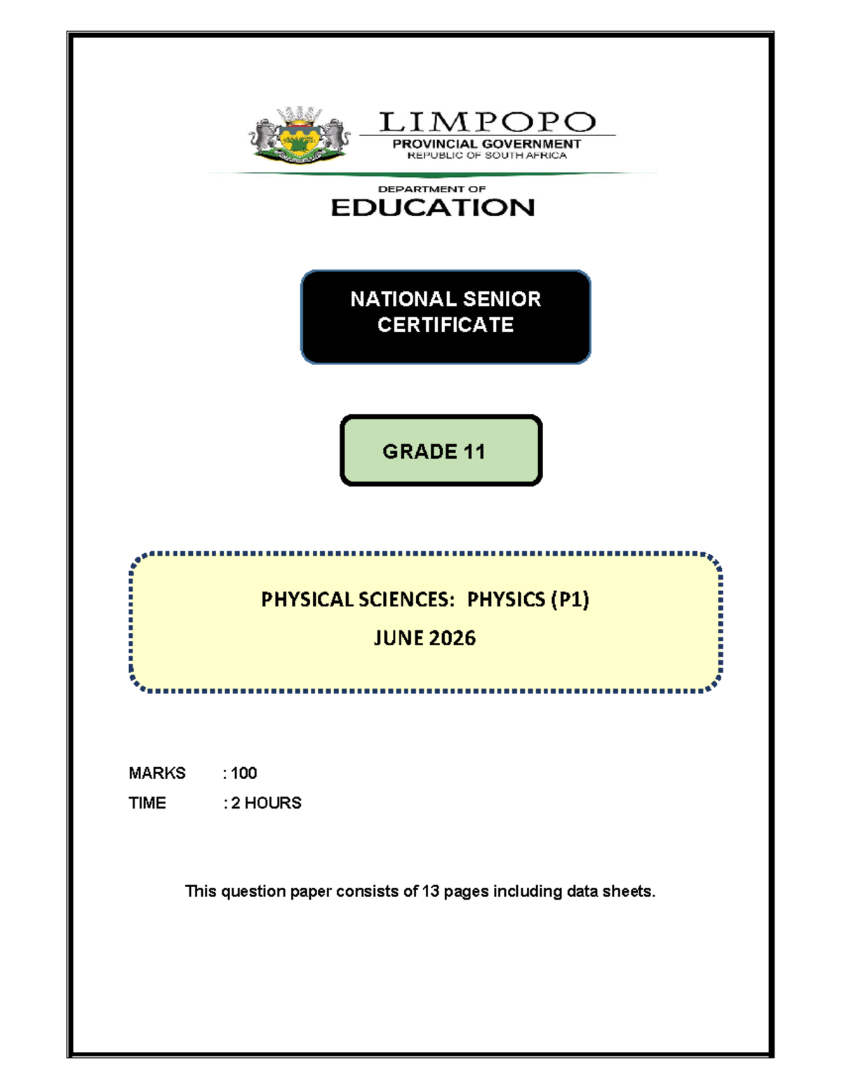 PHSC P1 GR 11 JUNE 2026 PHYSICAL SCIENCES EXAM PAPER - Studocu