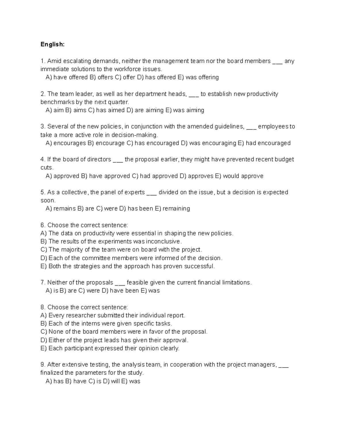 English Mock Test 1: Grammar and Sentence Structure - Studocu