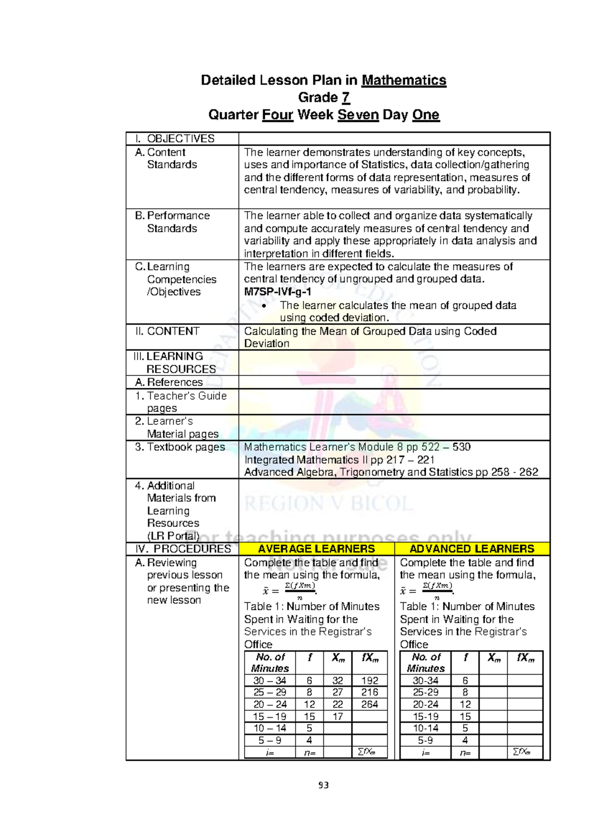Math 7 Q4 W7 - Detailed Lesson Plan on Statistics and Central Tendency ...