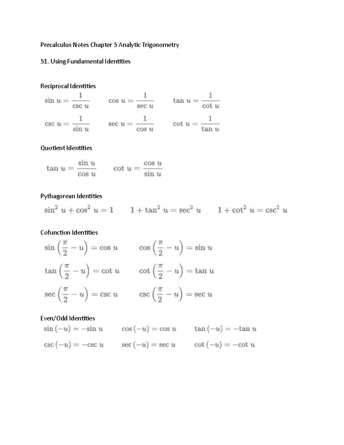 Precalculus Notes (MATH 51): Chapter 5 - Trigonometric Identities - Studocu