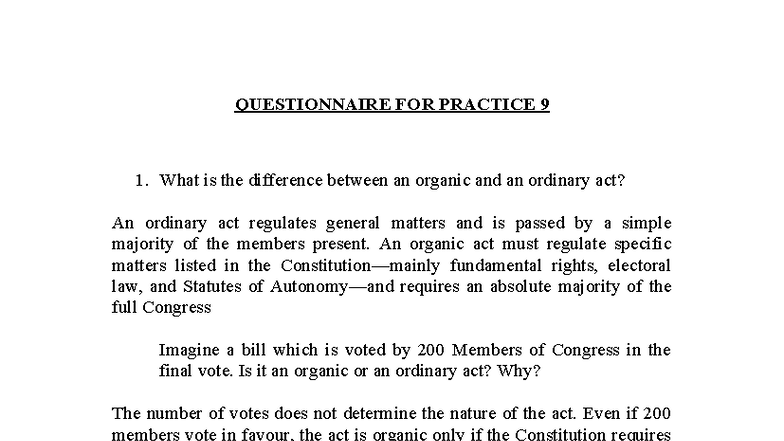 Practice 9 Questionnaire: Organic vs. Ordinary Acts Explained - Studocu