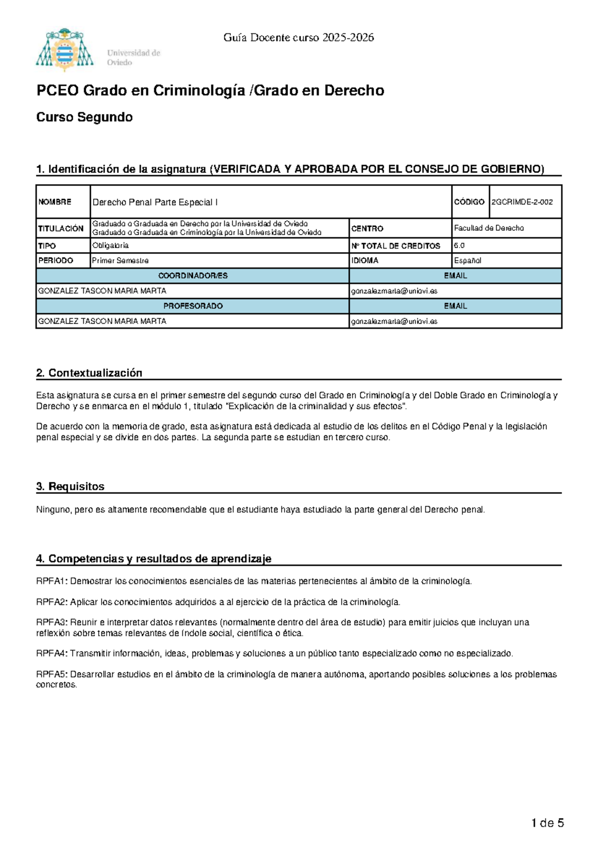 Guía Docente Derecho Penal Parte Especial I - PCEO Criminología 2º ...