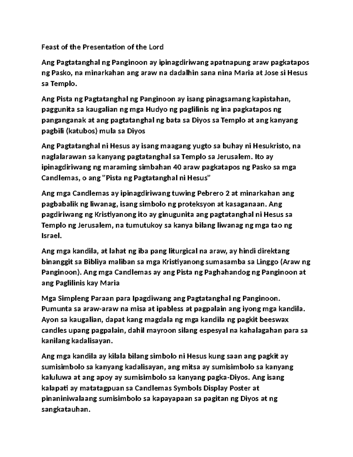 Feast of the Presentation of the Lord - Ang Pista ng Pagtatanghal ng ...