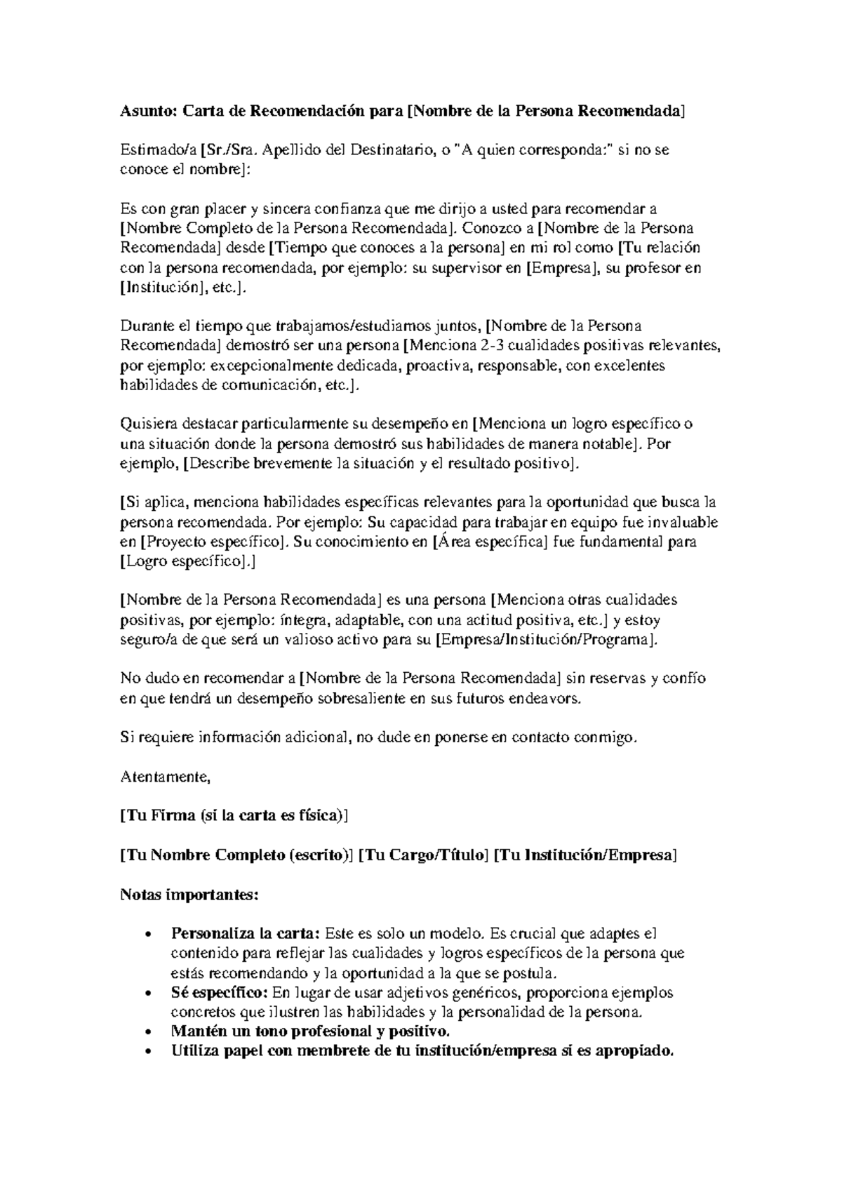 Carta de Recomendación Modelo para Asuntos Profesionales - Studocu